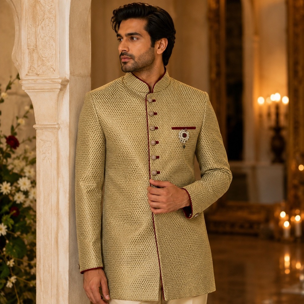 Manyavar Gold Jacquard Sherwani Indo Western Wedding Jacket Mens 40